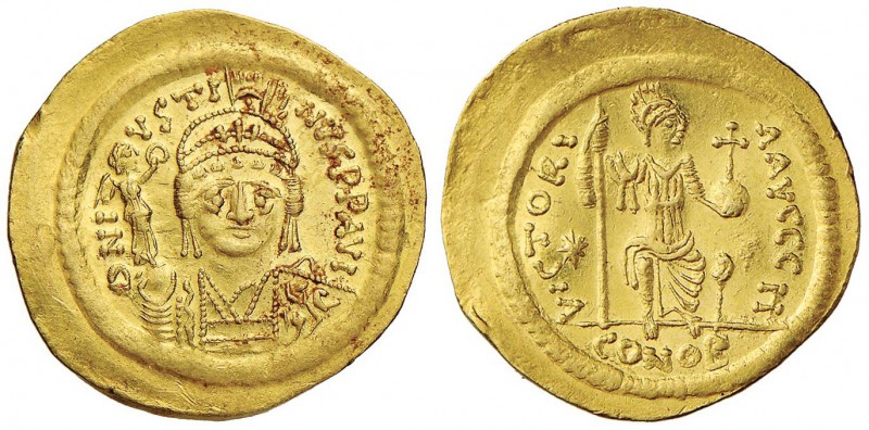 MONETE BIZANTINE Giustino II (565-578) Solido (Costantinopoli) Busto elmato di f...