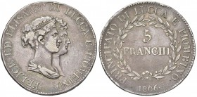 LUCCA Elisa Bonaparte e Felice Baciocchi (1805-1814) 5 Franchi 1806 – MIR 244/2 AG (g 24,70) Graffi al D/
MB/BB