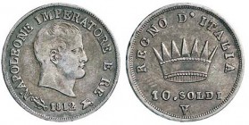 VENEZIA Napoleone (1805-1814) 10 Soldi 1812 V su M (poco evidente) – Pag. 26a; Mont. 42 AG (g 2,44) RR
BB/BB+