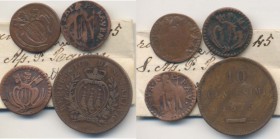 Lotto di tre quattrini di Ravenna ed un 10 centesimi di San Marino, con cartellino di vecchia raccolta 
MB