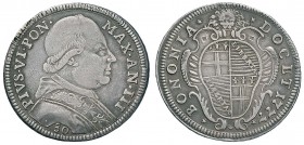 Pio VI (1774-1799) Bologna – Testone 1777 A. III – Munt. 212 AG (g 7,86) RRR Bordo interamente ritoccato ma non in modo deturpante
BB