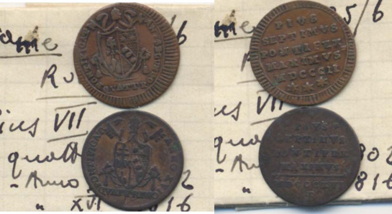 Pio VII (1800-1821) Lotto di due quattrini, con cartellino di vecchia raccolta ...