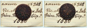 Vittorio Amedeo II (1717-1730) Quarto di soldo 1688 – MIR 875 CU (g 3,68) R Con cartellino di vecchia raccolta
MB+