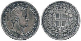 Carlo Alberto (1831-1849) 50 Centesimi 1845 T – Pag. 327 AG R Colpo di lima al ciglio del D/, patina scura
MB