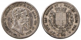 Vittorio Emanuele II (1849-1861) 50 Centesimi 1852 T – Nomisma 814 AG R Graffietti al D/
BB