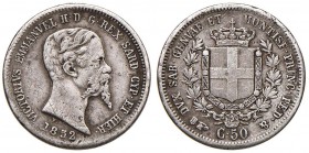 Vittorio Emanuele II (1849-1861) 50 Centesimi 1852 T – Nomisma 814 AG R Graffietti 
MB