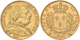 FRANCIA Luigi XVIII (prima restaurazione, 1814) 20 Franchi 1814 A – Gad. 1026 AU (g 6,46) Piccoli difetti al bordo
BB+