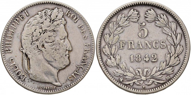 FRANCIA Luigi Filippo (1830-1848) 5 Franchi 1842 BB – Gad. 678 AG (g 24,72)
MB...