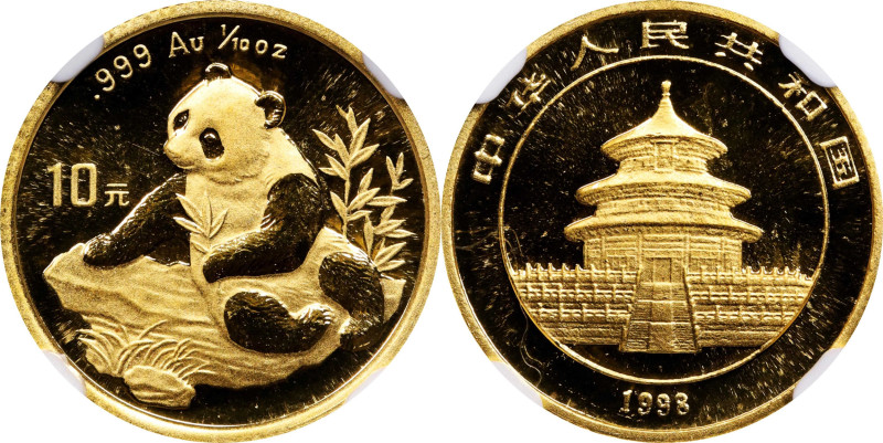 CHINA. Gold 10 Yuan, 1998. Panda Series. NGC MS-69.
Fr-B7; KM-1127; PAN-306A. S...