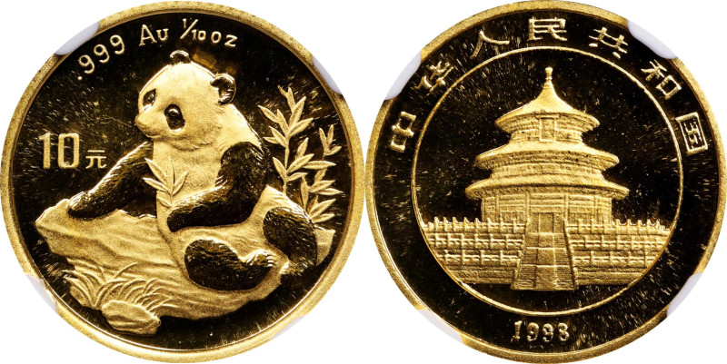 CHINA. Gold 10 Yuan, 1998. Panda Series. NGC MS-69.
Fr-B7; KM-1127; PAN-306A. S...