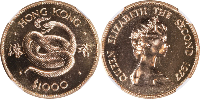 (t) HONG KONG (SAR). 1000 Dollars, 1977. Lunar Series, Year of the Snake. Elizab...