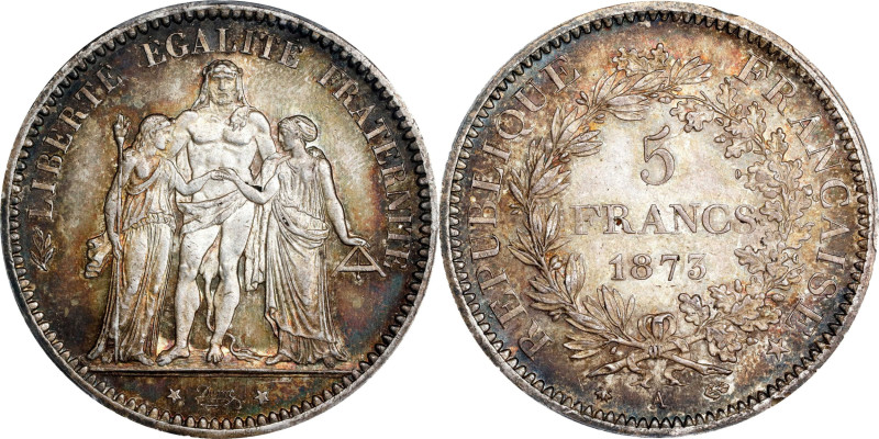 FRANCE. 5 Francs, 1873-A. Paris Mint. PCGS MS-64.
KM-820.1; Gad-745A; F-334.
...