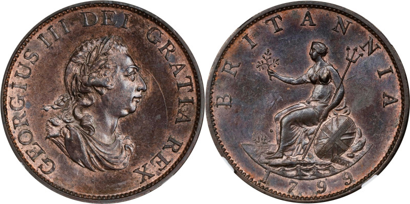 GREAT BRITAIN. 1/2 Penny, 1799-SOHO. Birmingham (Soho) Mint. George III. NGC MS-...