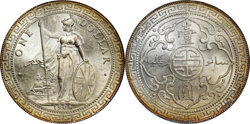 GREAT BRITAIN. Trade Dollar, 1908-B. Bombay Mint. Edward VII. ICG MS-64+.
KM-T5...