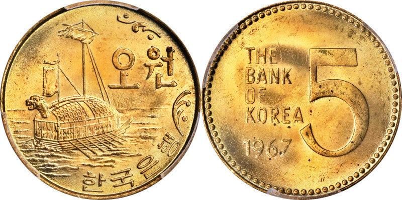 KOREA, SOUTH. 5 Won, 1967. PCGS MS-66.
KM-5. The single finest example certifie...