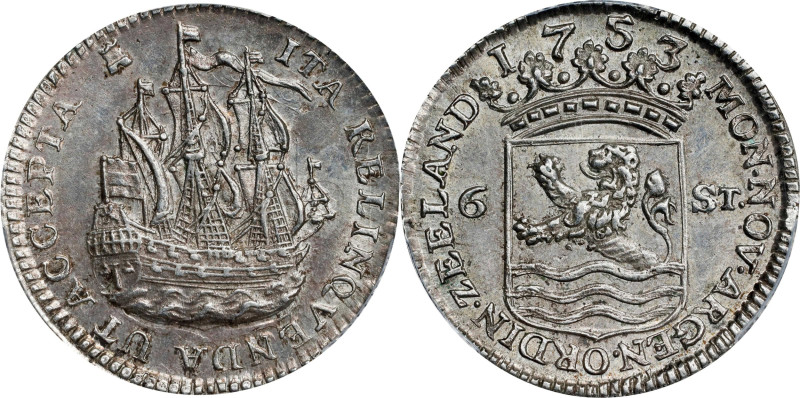 NETHERLANDS. Zeeland. 6 Stuivers Piefort, 1753. PCGS MS-62.
KM-P29. Quite pleas...