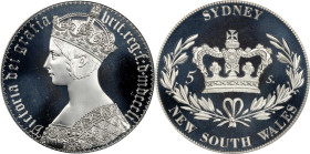 AUSTRALIA. New South Wales. INA Retro Fantasy Silver "Gothic" 5 Shillings, "1851". Victoria. PCGS PROOF-68 Deep Cameo.
KMX-Unlisted. INA (Internation...