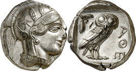 (454-404 a.C.). Ática Atenas. Tetradracma. (S. 2526) (CNG. IV, 1597). Anv.: Cabeza de Palas con yelmo ornado de hojas de olivo y volutas. Rev.: AE. Le...
