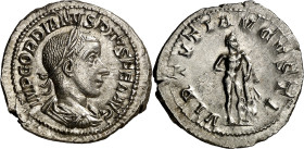 (241 d.C.). Gordiano III. Denario. (Spink 8684) (S. 403) (RIC. 116). Anv.: IMP. GORDIANVS PIVS FEL. AVG. Su busto laureado, drapeado y acorazado. Rev....