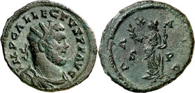 (293-295 d.C.). Alecto. Camulodunum. Antoniniano. (Spink 13822) (Co. 31) (RIC. 86). Anv.: IMP. C. ALLECTVS P. F. AVG. Su busto radiado, drapeado y aco...