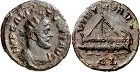 (294-296 d.C.). Alecto. Londinium. Quinario. (Spink 13870) (Co. 81) (RIC. 55). Anv.: IMP. C. ALL(E)CTV(S) P. F. AVG. Su busto radiado y acorazado. Rev...