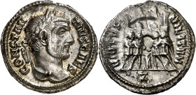 (295-297 d.C.). Constancio I, Cloro. Roma. Argenteo. (Spink 13959) (S. 314b) (RIC. 42a). Anv.: CONSTANTIVS CAES. Su cabeza laureada. Rev.: VIRTVS MILI...