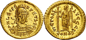 (457-468 d.C.). León I. Constantinopla. Sólido. (Spink 21404) (Ratto 250) (RIC. 605). Anv.: D. N. LEO PERPET. AVG. Su busto galeado y acorazado de fre...