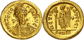(476-491 d.C.). Zenón. Constantinopla. Sólido. (Spink 21514) (Ratto 284) (RIC. 929). Anv.: D. N. ZENO PERP. AVG. Su busto galeado y acorazado de frent...
