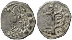 Alfons I (1162-1196). Zaragoza. Óbolo jaqués. (Cru.V.S. 299) (Cru.C.G. 2107). Anv.: Busto a izquierda. ANFOSR(E)X. Rev.: Árbol con cruz encima. ARA-GO...