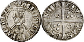 Alfons II (1285-1291). Barcelona. Croat. (Cru.V.S. 331) (Cru.C.G. 2148). Anv.: LFOSVS DEIGRCIREX. Rev.: Roel en 1er y 4º cuartel. -CIVI-TAS-BCh-NON. A...