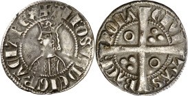 Alfons II (1285-1291). Barcelona. Mig croat. (Cru.V.S. 332) (Cru.C.G. 2148). Anv.: ALFOSVSDEIGRACIA REX. Rev.: Roel en 1er y 4º cuartel. -CIVI-TAS-BAC...