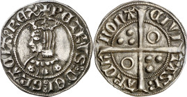 Pere III (1336-1387). Barcelona. Croat. (Cru.V.S. 402.1) (Cru.C.G. 2222d). Anv.: PETRVSDEIGRACIAREX. Rev.: Roel en 2º y 3er cuartel. -CIVI-TASB-ARCh'-...