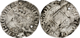 Joan I (1387-1396). Perpinyà. Doble coronat. (Cru.V.S. 473) (Cru.C.G. 2285). Anv.: Busto ancho a izquierda. IOANNES(RE)XARAGONVM. Rev.: Armas catalana...