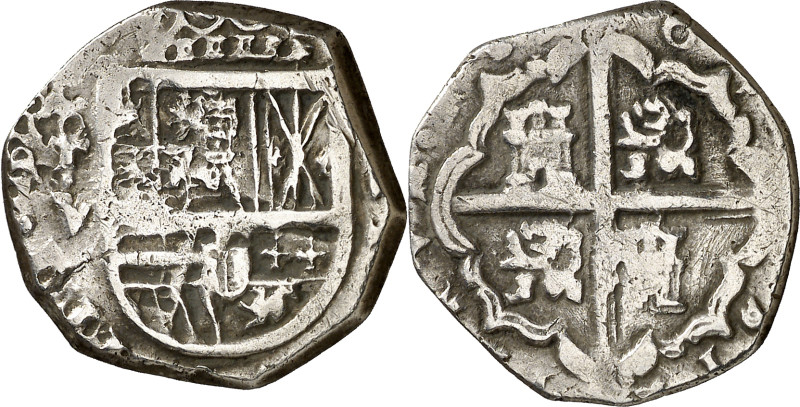 (1)6(...). Felipe III. Toledo. V. 2 reales. (AC. tipo 137). Rara. 6,80 g. MBC-.