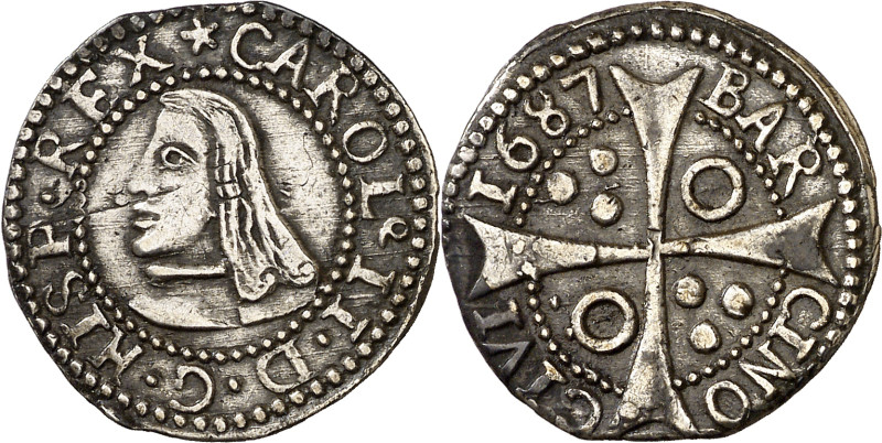 1687. Carlos II. Barcelona. 1 croat. (AC. 210) (Cru.C.G. 4905). Roel en 2º y 3er...