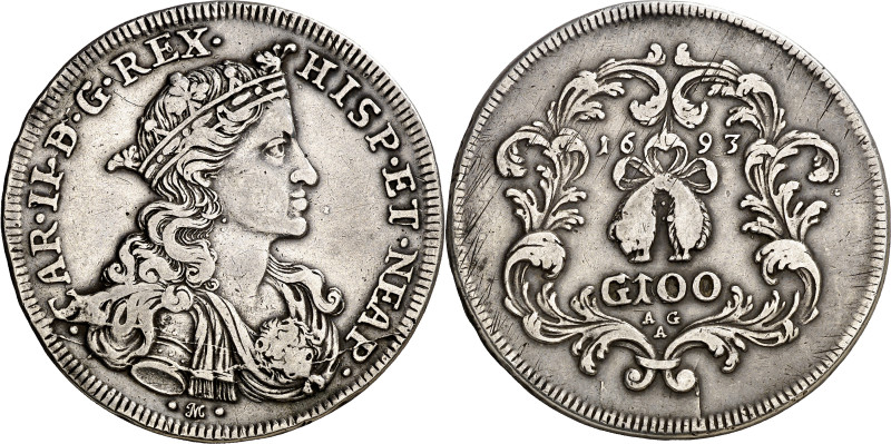 1693. Carlos II. Nápoles. AG/A. 100 grana (1 ducado). (Vti. falta) (Dav. 4047) (...