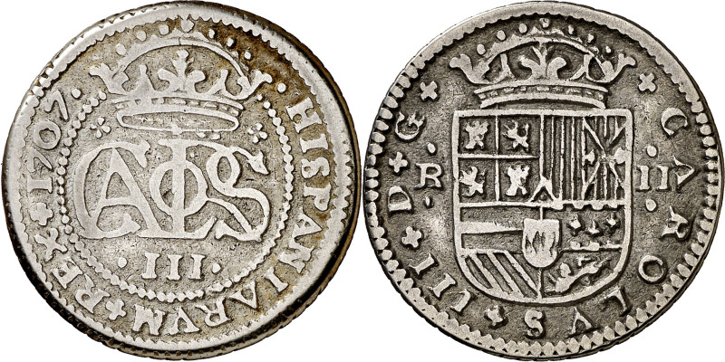 1707. Carlos III, Pretendiente. Barcelona. 2 reales. (AC. 27). Escasa. 4,70 g. M...