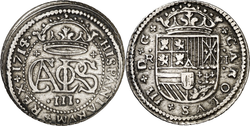 1714/3. Carlos III, Pretendiente. Barcelona. 2 reales. (AC. 36). Rara. 4,59 g. M...