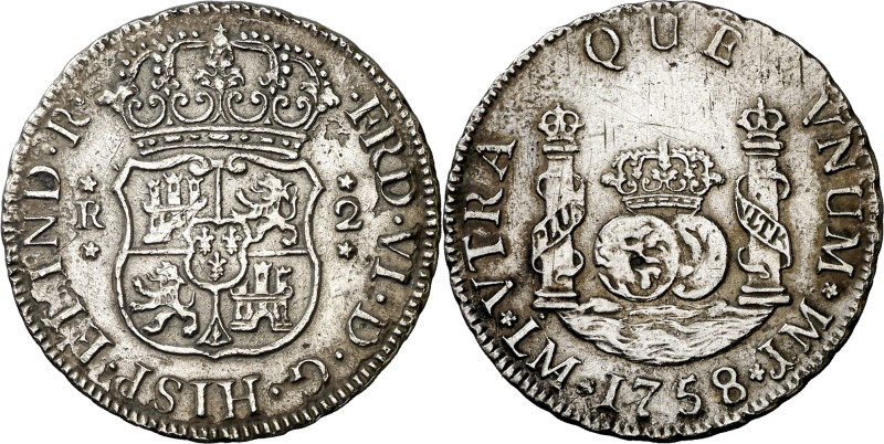 1758. Fernando VI. Lima. JM. 2 reales. (AC. 276). Columnario. Punto sobre la mar...