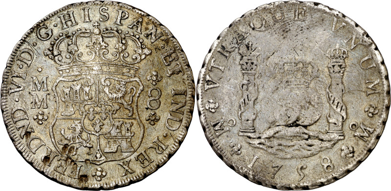 1758. Fernando VI. México. MM. 8 reales. (AC. 494). Columnario. 26,56 g. MBC-/BC...