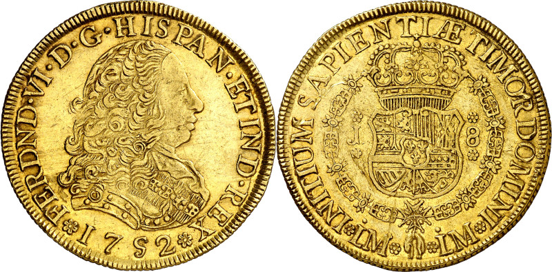 1752. Fernando VI. Lima. J. 8 escudos. (AC. 765) (Cal.Onza 578). Rayitas y golpe...