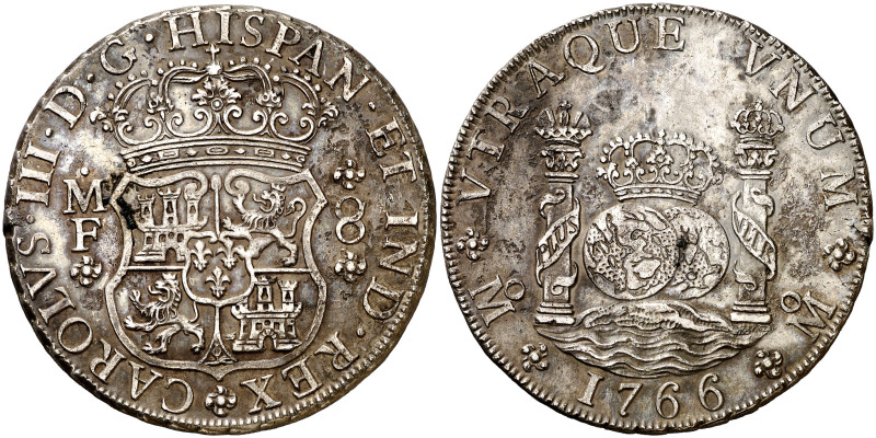 1766. Carlos III. México. MF. 8 reales. (AC. 1090). Columnario. Leves erosiones....