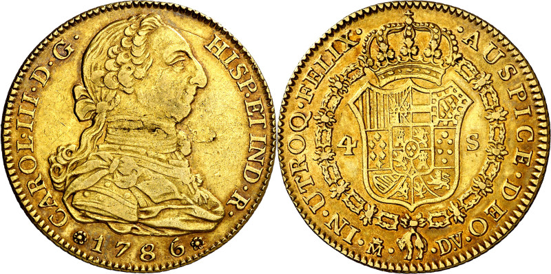 1786. Carlos III. Madrid. DV. 4 escudos. (AC. 1791). Hojita. 13,45 g. MBC/EBC-.