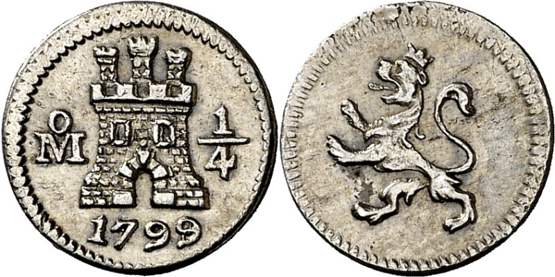 1799/8/7. Carlos IV. México. 1/4 de real. (AC. 125). Limpiada. 0,84 g. (EBC).