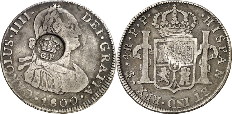 1800. Carlos IV. Potosí. PP. 4 reales. (KM. 26.1). Contramarca GP bajo corona (D...