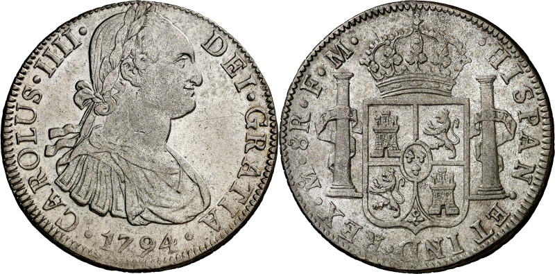 1794. Carlos IV. México. FM. 8 reales. (AC. 956). Leves marquitas. 26,79 g. MBC+...