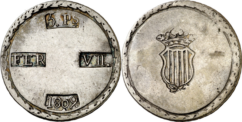 1809. Fernando VII. Tarragona. 5 pesetas. (AC. 1429). Escudo largo. 26,24 g. MBC...