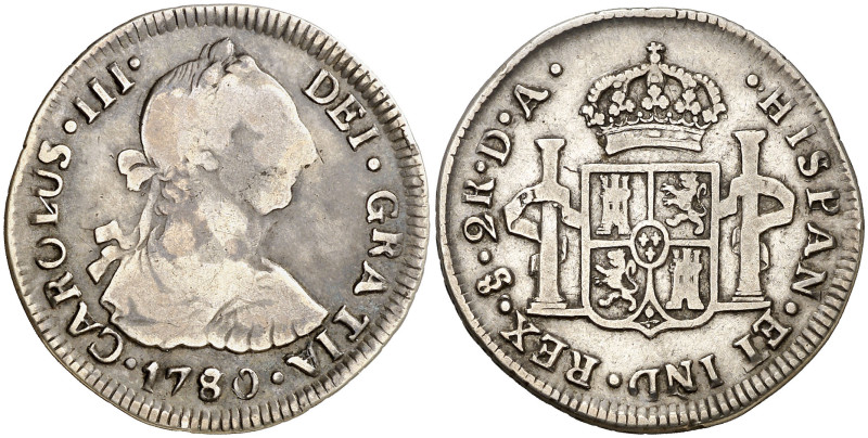 1780/70. Carlos III. Santiago. DA. 2 reales. (AC. 756.1). En cápsula de la NGC c...