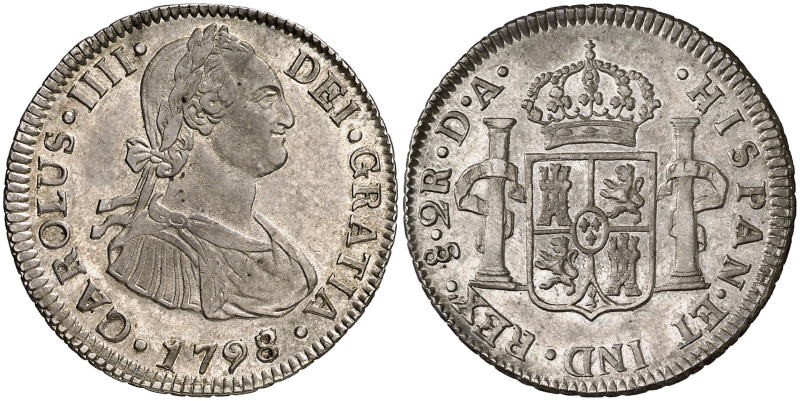 1798/7. Carlos IV. Santiago. DA. 2 reales. (AC. 696). La mejor conocida. Brillo ...