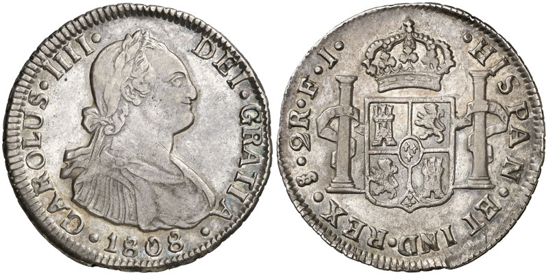 1808. Carlos IV. Santiago. FJ. 2 reales. (AC. 713). Pátina. Brillo original. Muy...